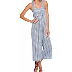 Anthropologie Seafolly Dobby Stripe Jumpsuit Criss Cross Back Chambray Paisley L